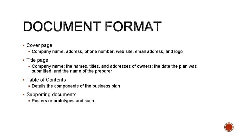 § Cover page § Company name, address, phone number, web site, email address, and