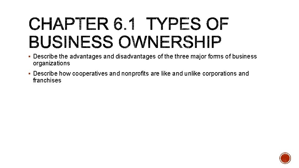 § Describe the advantages and disadvantages of the three major forms of business organizations