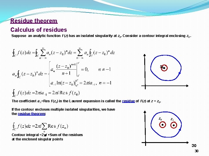 Residue theorem Calculus of residues Suppose an analytic function f (z) has an isolated Residue theorem Calculus of residues Suppose an analytic function f (z) has an isolated