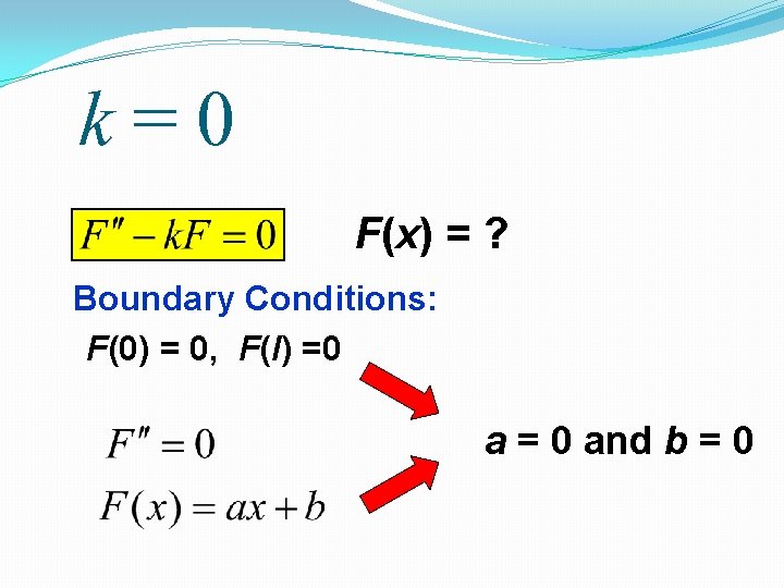 k=0 F(x) = ? Boundary Conditions: F(0) = 0, F(l) =0 a = 0 k=0 F(x) = ? Boundary Conditions: F(0) = 0, F(l) =0 a = 0