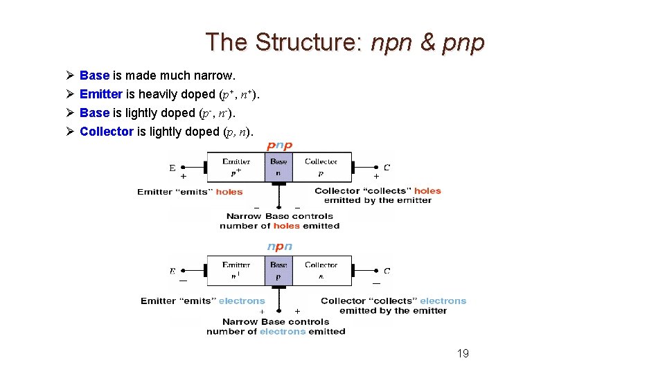 The Structure: npn & pnp Ø Base is made much narrow. Ø Emitter is