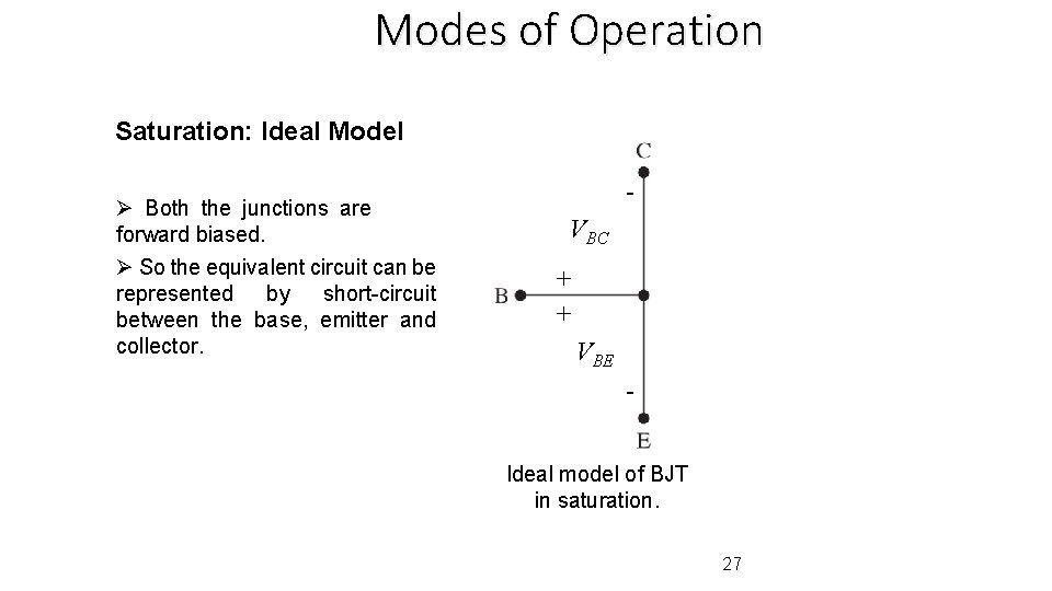 Modes of Operation Saturation: Ideal Model Ø Both the junctions are forward biased. Ø