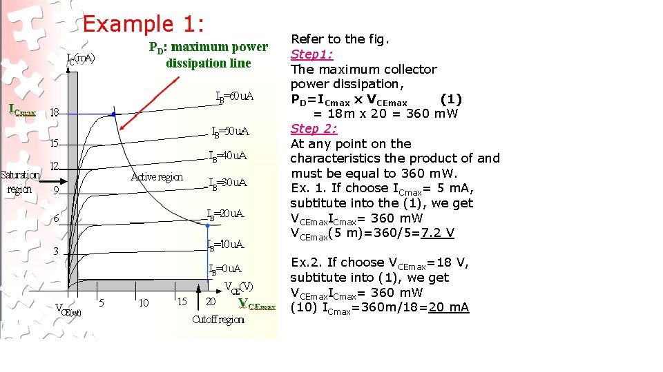 Refer to the fig. Step 1: The maximum collector power dissipation, PD=ICmax x VCEmax