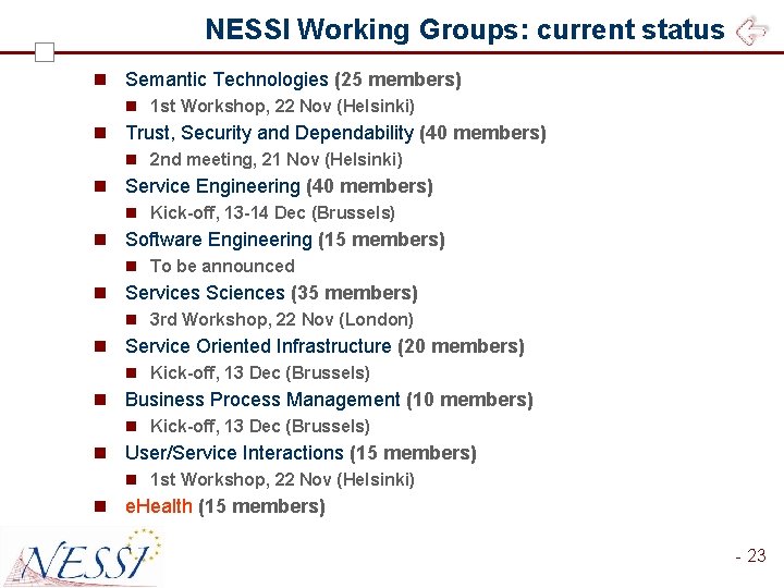 NESSI Working Groups: current status n Semantic Technologies (25 members) n 1 st Workshop,