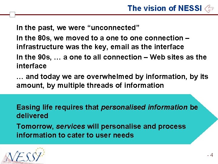 The vision of NESSI In the past, we were “unconnected” In the 80 s,
