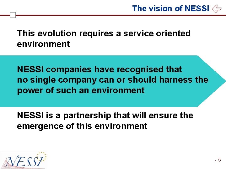 The vision of NESSI This evolution requires a service oriented environment NESSI companies have
