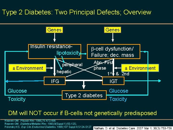 Type 2 Diabetes: Two Principal Defects; Overview Genes Insulin resistancelipotoxicity -cell dysfunction/ Failure; dec.