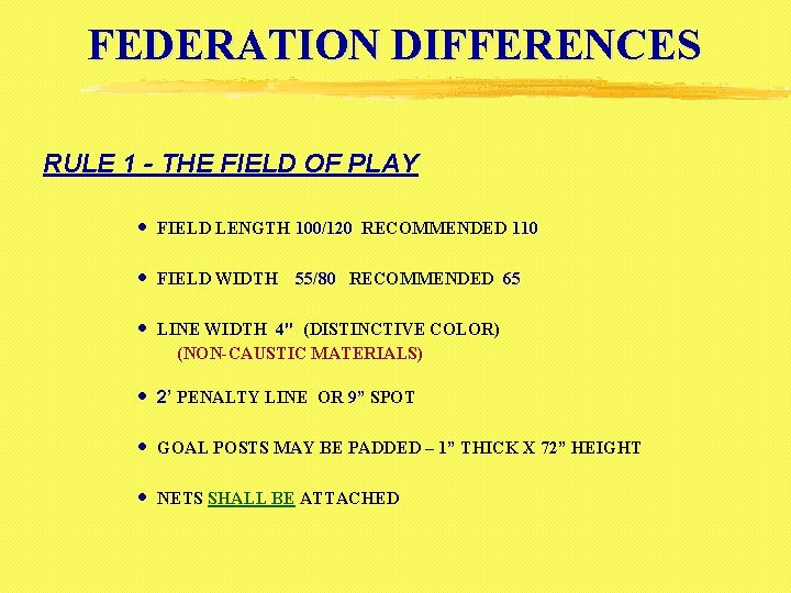 FEDERATION DIFFERENCES RULE 1 - THE FIELD OF PLAY · FIELD LENGTH 100/120 RECOMMENDED