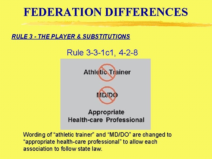 FEDERATION DIFFERENCES RULE 3 - THE PLAYER & SUBSTITUTIONS Rule 3 -3 -1 c