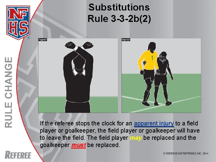 Substitutions Rule 3 -3 -2 b(2) If the referee stops the clock for an