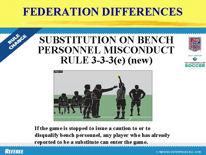 FEDERATION DIFFERENCES SUBSTITUTION ON BENCH PERSONNEL MISCONDUCT RULE 3 -3 -3(e) (new) If the