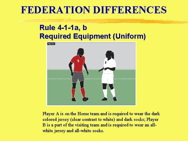 FEDERATION DIFFERENCES Rule 4 -1 -1 a, b Required Equipment (Uniform) Player A is