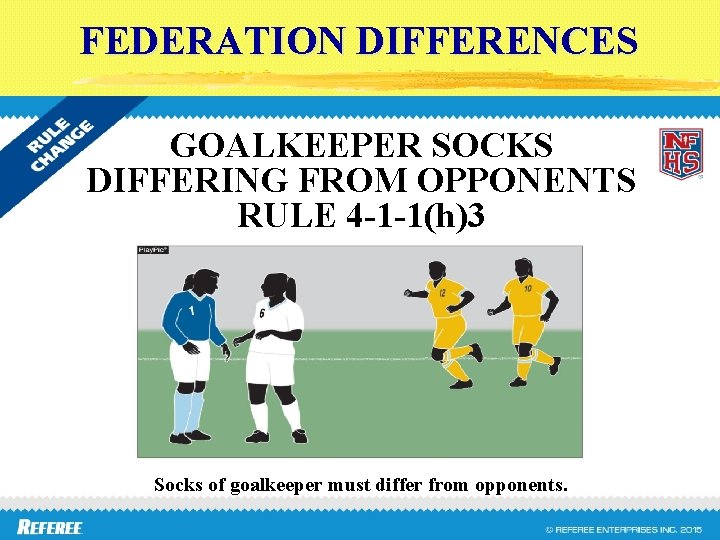 FEDERATION DIFFERENCES GOALKEEPER SOCKS DIFFERING FROM OPPONENTS RULE 4 -1 -1(h)3 Socks of goalkeeper