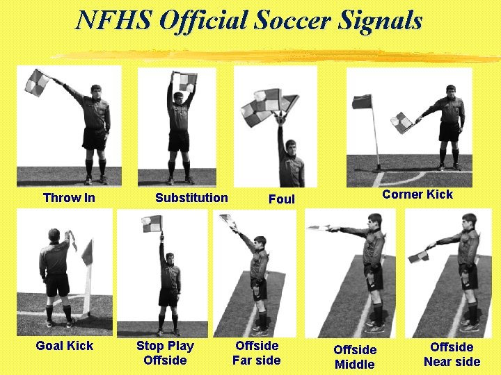 NFHS Official Soccer Signals Throw In Goal Kick Substitution Stop Play Offside Corner Kick