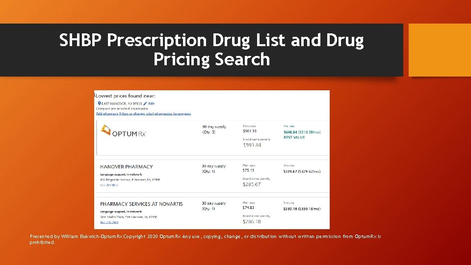 SHBP Prescription Drug List and Drug Pricing Search Presented by William Bukwich-Optum. Rx Copyright