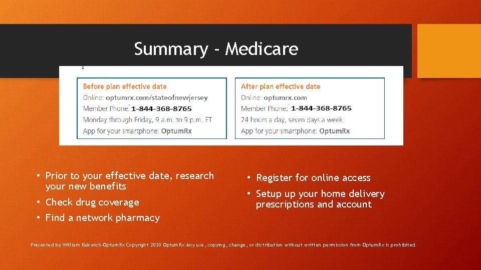 Summary - Medicare • Prior to your effective date, research your new benefits •