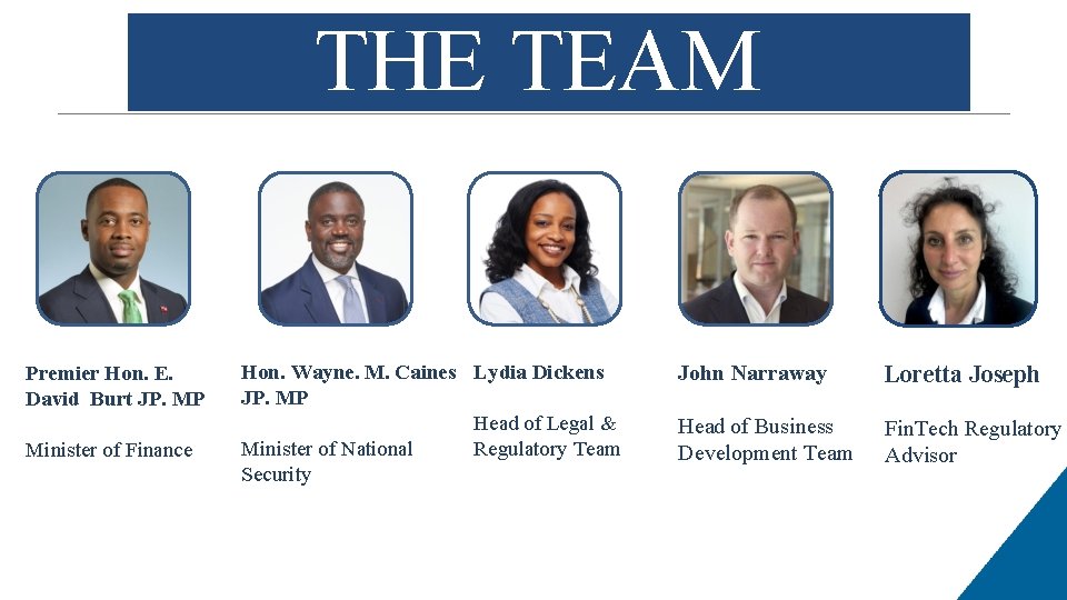 THE TEAM Premier Hon. E. David Burt JP. MP Minister of Finance Hon. Wayne.