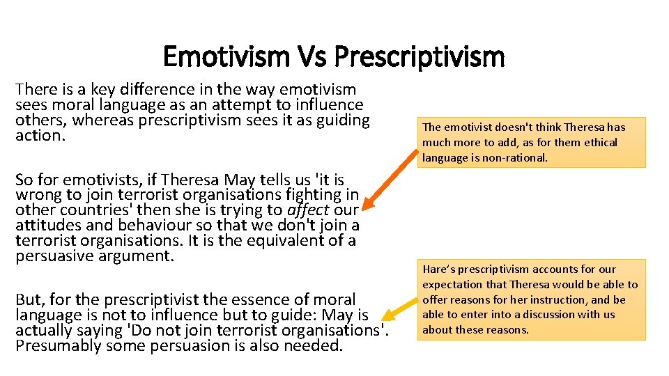 Emotivism Vs Prescriptivism There is a key difference in the way emotivism sees moral