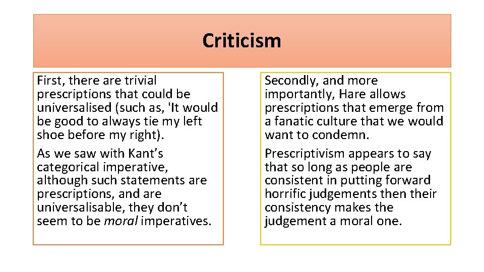 Criticism First, there are trivial prescriptions that could be universalised (such as, 'It would