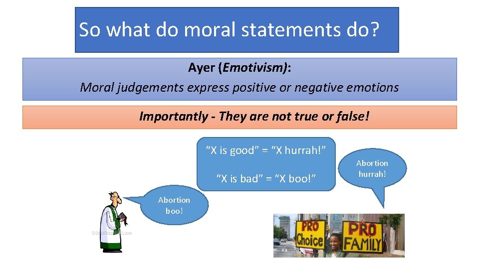 So what do moral statements do? Ayer (Emotivism): Moral judgements express positive or negative