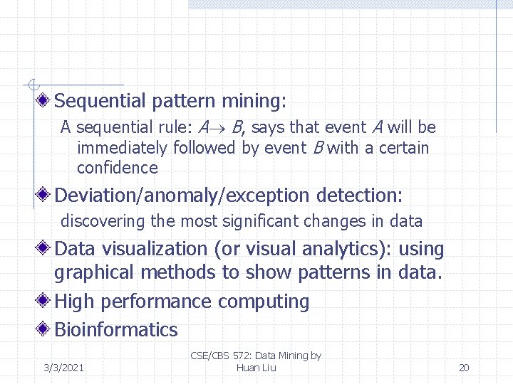 Sequential pattern mining: A sequential rule: A B, says that event A will be Sequential pattern mining: A sequential rule: A B, says that event A will be