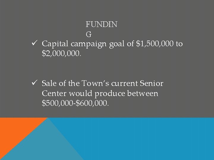 FUNDIN G Capital campaign goal of $1, 500, 000 to $2, 000. Sale of