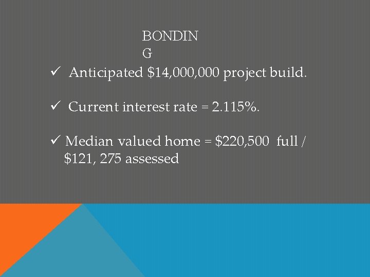 BONDIN G Anticipated $14, 000 project build. Current interest rate = 2. 115%. Median