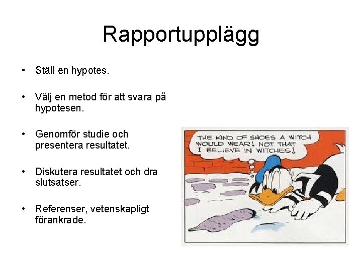 Rapportupplägg • Ställ en hypotes. • Välj en metod för att svara på hypotesen.