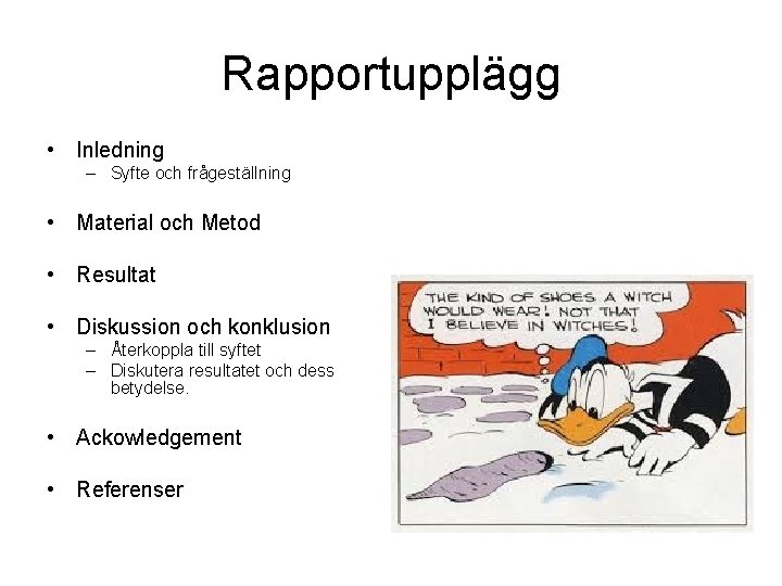 Rapportupplägg • Inledning – Syfte och frågeställning • Material och Metod • Resultat •