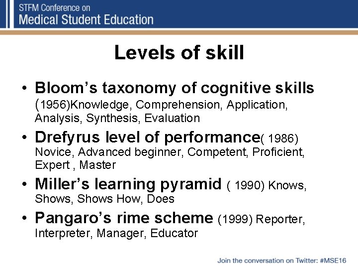 Levels of skill • Bloom’s taxonomy of cognitive skills (1956)Knowledge, Comprehension, Application, Analysis, Synthesis,