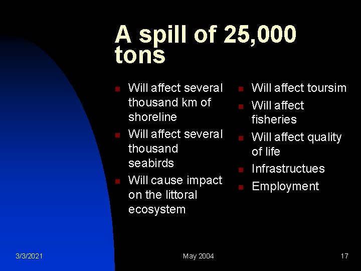 A spill of 25, 000 tons n n n 3/3/2021 Will affect several thousand