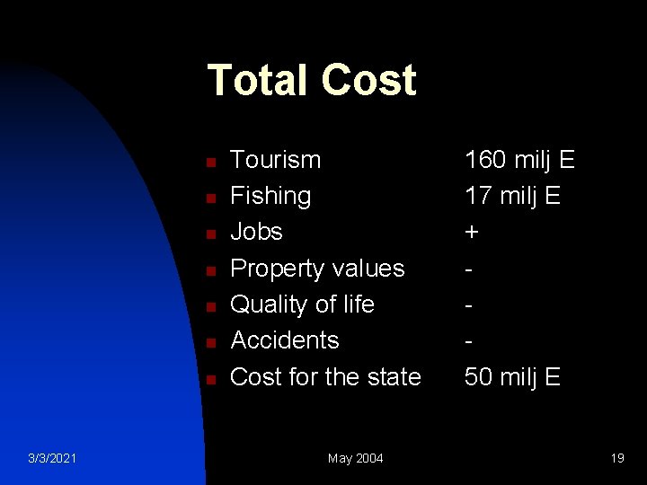 Total Cost n n n n 3/3/2021 Tourism Fishing Jobs Property values Quality of