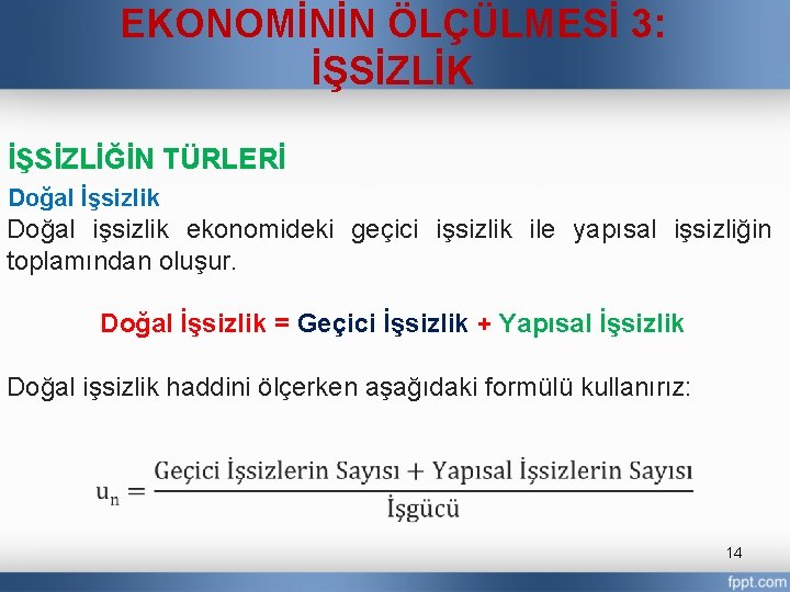 EKONOMİNİN ÖLÇÜLMESİ 3: İŞSİZLİK İŞSİZLİĞİN TÜRLERİ Doğal İşsizlik Doğal işsizlik ekonomideki geçici işsizlik ile