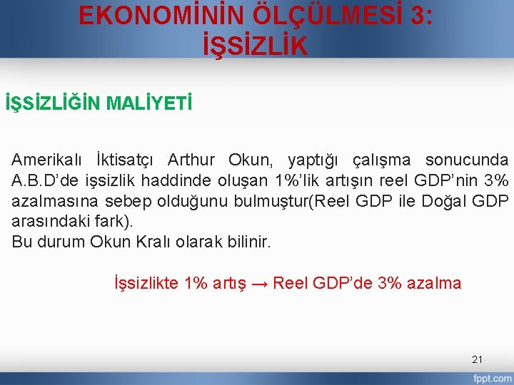 EKONOMİNİN ÖLÇÜLMESİ 3: İŞSİZLİK İŞSİZLİĞİN MALİYETİ Amerikalı İktisatçı Arthur Okun, yaptığı çalışma sonucunda A.