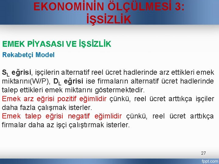EKONOMİNİN ÖLÇÜLMESİ 3: İŞSİZLİK EMEK PİYASASI VE İŞSİZLİK Rekabetçi Model SL eğrisi, işçilerin alternatif