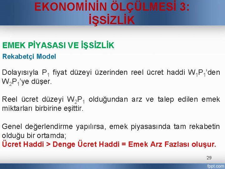EKONOMİNİN ÖLÇÜLMESİ 3: İŞSİZLİK EMEK PİYASASI VE İŞSİZLİK Rekabetçi Model Dolayısıyla P 1 fiyat