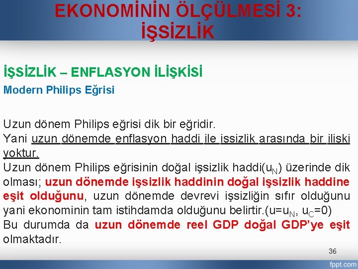 EKONOMİNİN ÖLÇÜLMESİ 3: İŞSİZLİK – ENFLASYON İLİŞKİSİ Modern Philips Eğrisi Uzun dönem Philips eğrisi