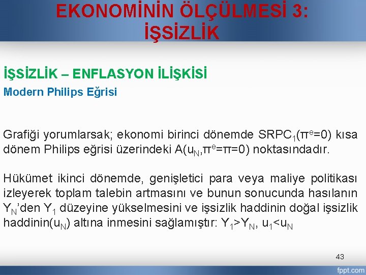 EKONOMİNİN ÖLÇÜLMESİ 3: İŞSİZLİK – ENFLASYON İLİŞKİSİ Modern Philips Eğrisi Grafiği yorumlarsak; ekonomi birinci