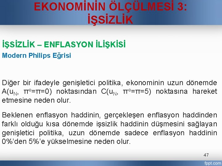 EKONOMİNİN ÖLÇÜLMESİ 3: İŞSİZLİK – ENFLASYON İLİŞKİSİ Modern Philips Eğrisi Diğer bir ifadeyle genişletici