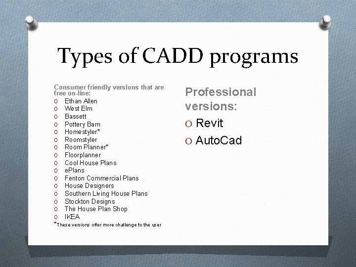 Types of CADD programs Consumer friendly versions that are free on-line: O Ethan Allen