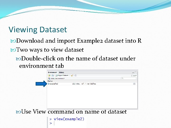 Viewing Dataset Download and import Example 2 dataset into R Two ways to view