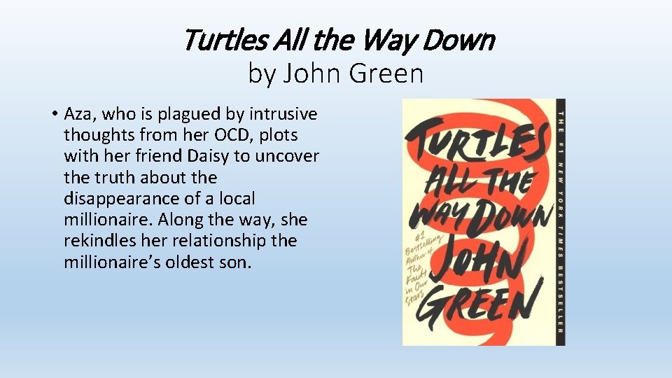 Turtles All the Way Down by John Green • Aza, who is plagued by