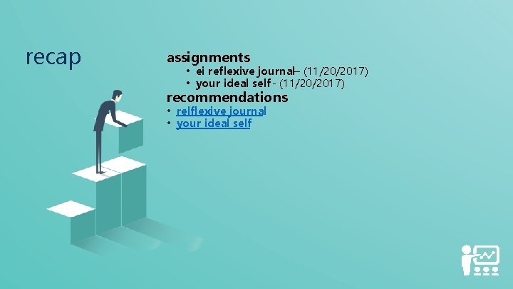 recap assignments • ei reflexive journal– (11/20/2017) • your ideal self - (11/20/2017) recommendations
