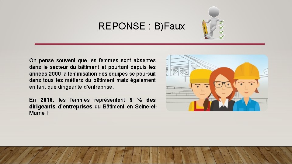 REPONSE : B)Faux On pense souvent que les femmes sont absentes dans le secteur