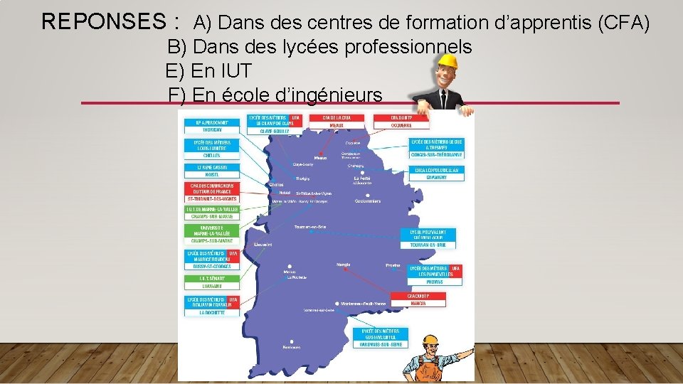 REPONSES : A) Dans des centres de formation d’apprentis (CFA) B) Dans des lycées