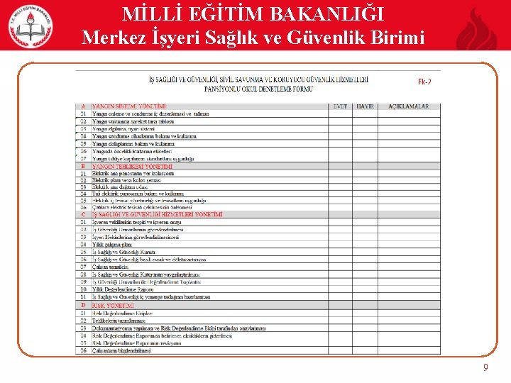 MİLLİ EĞİTİM BAKANLIĞI Merkez İşyeri Sağlık ve Güvenlik Birimi 9 