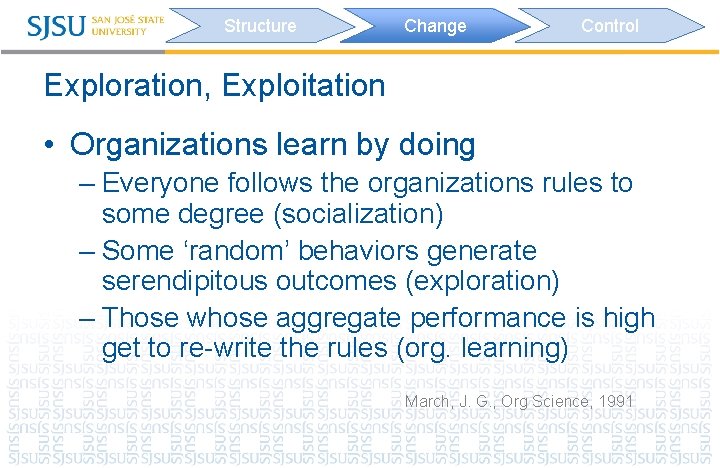 Structure Change Control Exploration, Exploitation • Organizations learn by doing – Everyone follows the