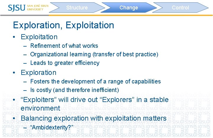 Structure Change Exploration, Exploitation • Exploitation – Refinement of what works – Organizational learning