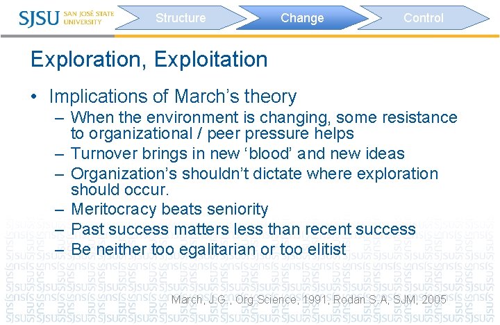 Structure Change Control Exploration, Exploitation • Implications of March’s theory – When the environment