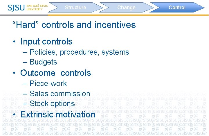 Structure Change “Hard” controls and incentives • Input controls – Policies, procedures, systems –
